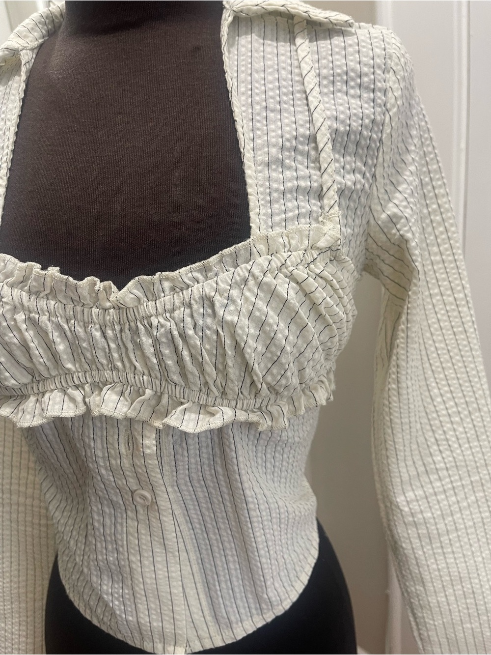 PrettyLittleThing Cream Striped Ruffle-Front Button Down Top - Picture 4 of 8